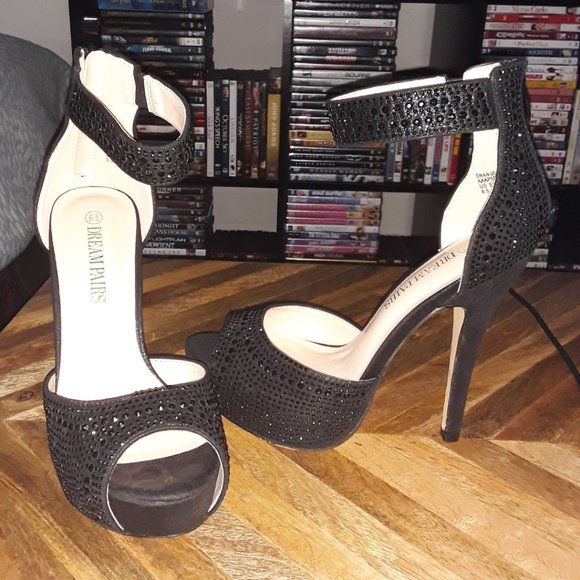 SOLD DREAM PAIRS Black Pearl Shine Swan Platform Pump Peep Toe High Heels - 5 in - Picture 11 of 16
